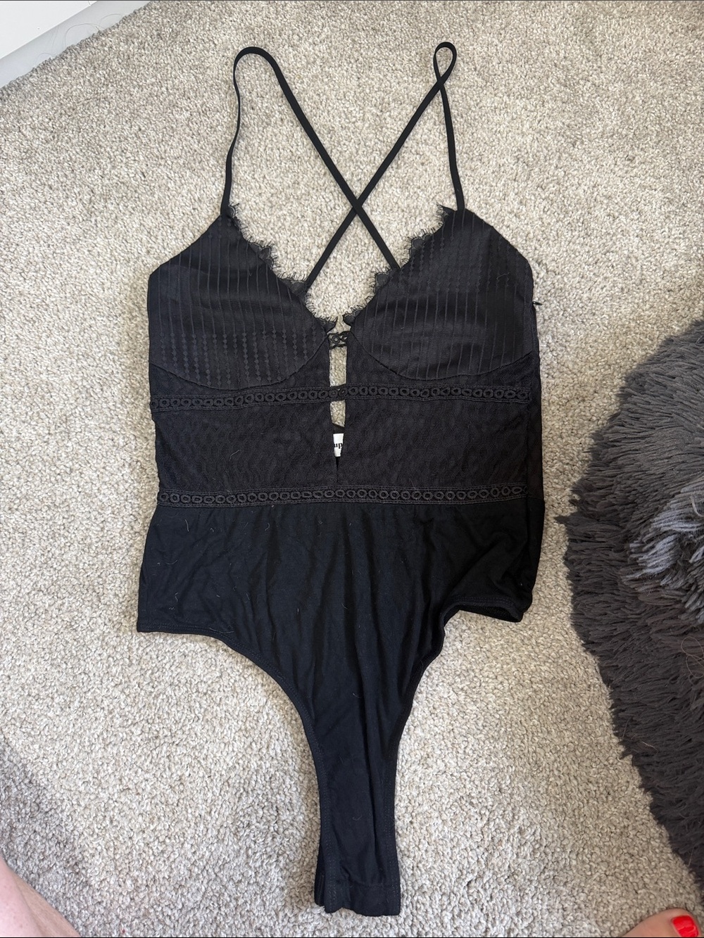 Superdown Black Lace-Trim One-Piece Bodysuit